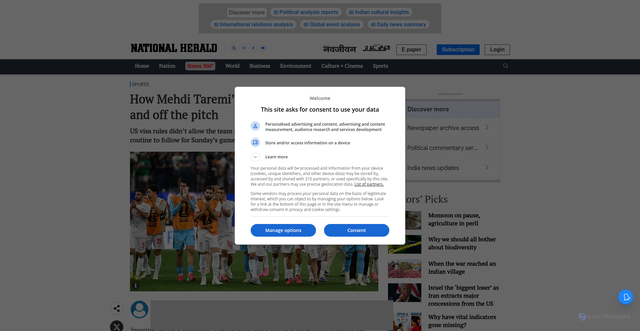 Security scan screenshot of https://www.nationalheraldindia.com/sports/fifa-world-cup-2026-how-mehdi-taremis-iran-delivers-lesson-in-battling-odds-us-visa-restrictions