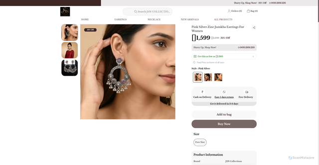 Security scan screenshot of https://jsncollections.com/Pink-Silver-Zinc-Jumkha-Earrings-For-Women/catalogue/BPoXVGEx/wrxQTPQN