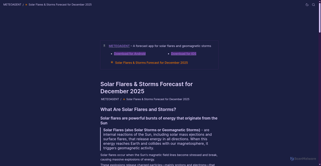 Security scan screenshot of https://meteoagent.com/solar-flares-storms