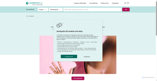 Security scan screenshot of https://www.studentum.se/yrkestestet/?utm_source=user.com&utm_medium=email&utm_campaign=nyhetsbrev-extra-16mars2026&__ca__chat=11zjixs0difj