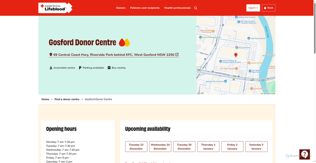 Security scan screenshot of http://www.lifeblood.com.au/donor-centre/nsw/gosford-donor-centre