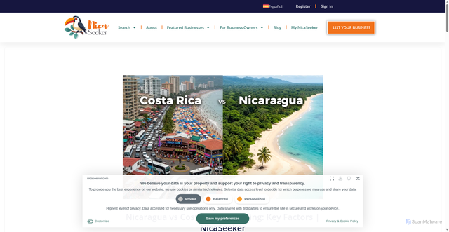 Security scan screenshot of https://nicaseeker.com/nicaragua-vs-costa-rica-for-living/