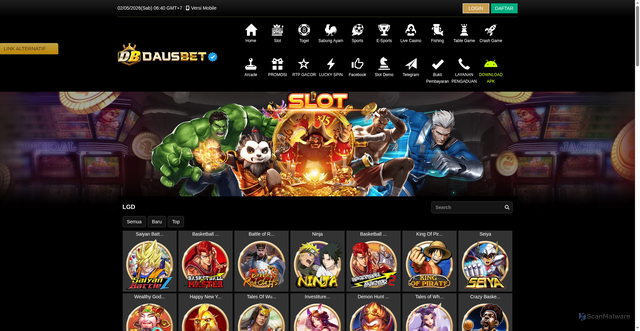 Security scan screenshot of https://dausbetkuberani1.click/desktop/game/slot/lgd