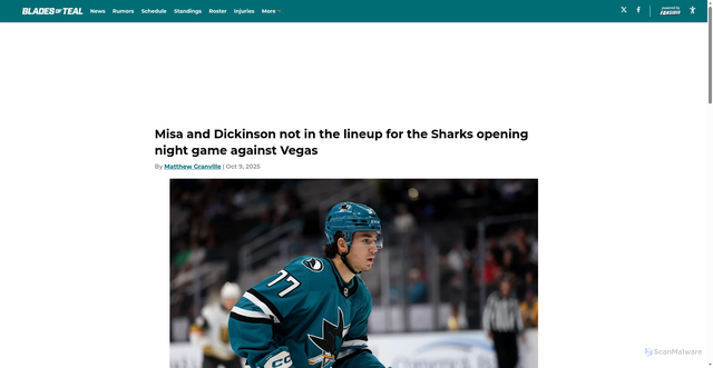 Security scan screenshot of https://bladesofteal.com/misa-and-dickinson-not-in-the-lineup-for-the-sharks-opening-night-game-against-vegas-01k75h8yvfqy