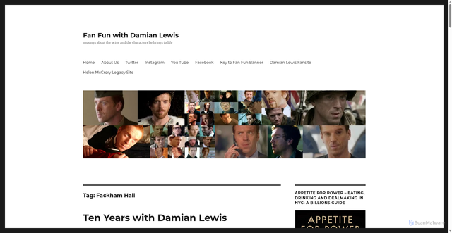 Security scan screenshot of https://www.fanfunwithdamianlewis.com/?tag=fackham-hall
