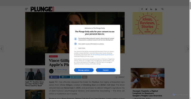 Security scan screenshot of https://mybigplunge.com/culture/movies-documentaries/apple-tv/vince-gilligan-returns-to-tv-with-apples-pluribus/