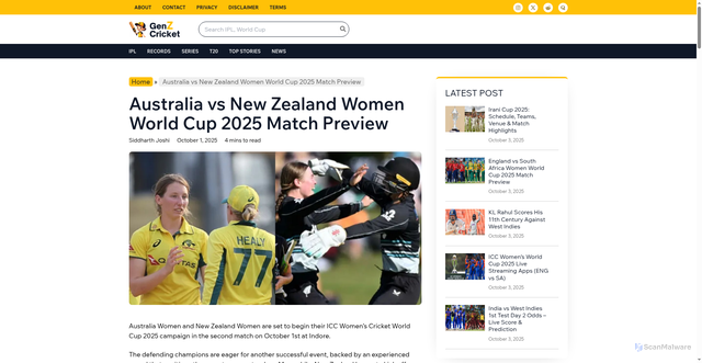 Security scan screenshot of https://genzcricket.net/australia-vs-new-zealand-women-world-cup-2025-preview/
