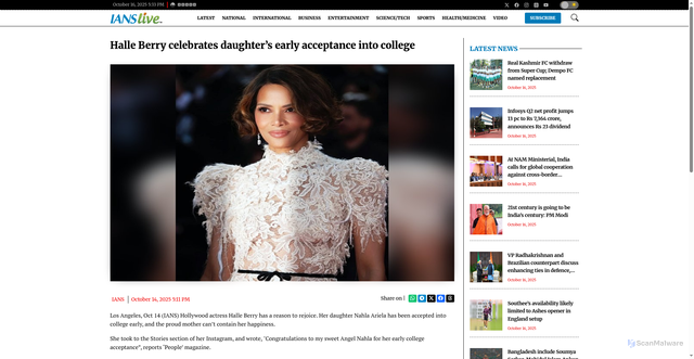 Security scan screenshot of https://ianslive.in/halle-berry-celebrates-daughters-early-acceptance-into-college--20251014170020