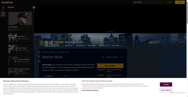 Security scan screenshot of https://bluebloodstv.fandom.com/wiki/Boston_Blue