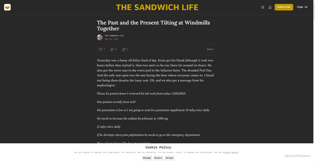 Security scan screenshot of https://thesandwichlife.substack.com/p/past-and-present-tilting-at-windmills