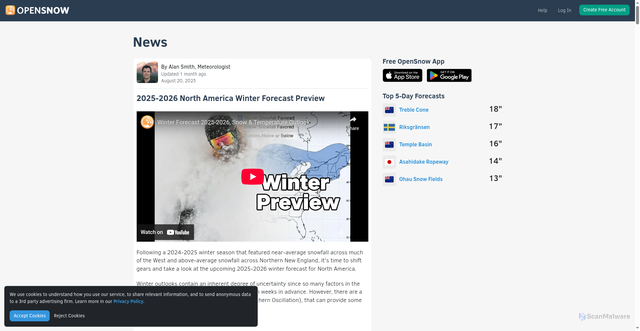 Security scan screenshot of https://opensnow.com/news/post/2025-2026-north-america-winter-forecast-preview