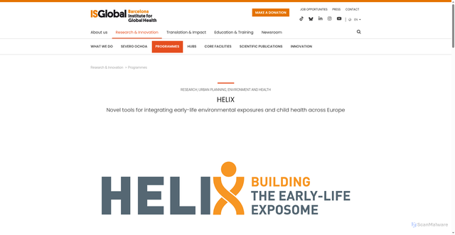Security scan screenshot of https://www.isglobal.org/en/-/helix-the-human-early-life-exposome-novel-tools-for-integrating-early-life-environmental-exposures-and-child-health-across-europe