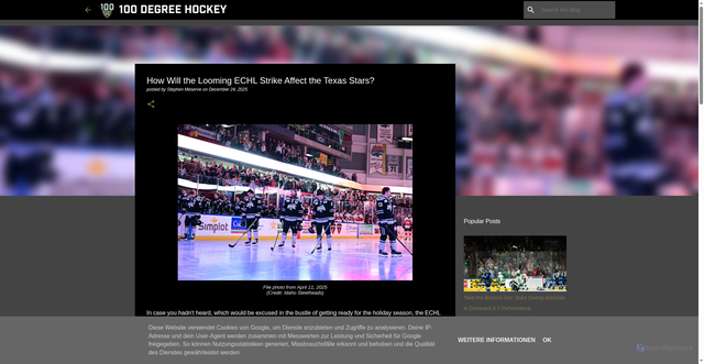 Security scan screenshot of https://www.100degreehockey.com/2025/12/how-will-looming-echl-strike-affect.html