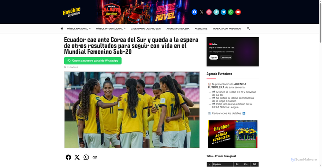 Security scan screenshot of https://www.havolinedeportivo.com/ecuador-cae-ante-corea-del-sur-y-queda-a-la-espera-de-otros-resultados-para-seguir-con-vida-en-el-mundial-femenino-sub-20/