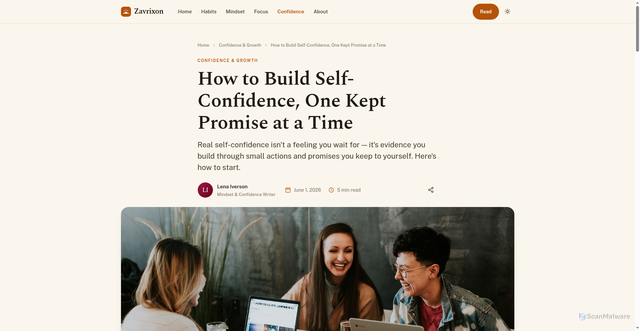 Security scan screenshot of https://zavrixon.pages.dev/how-to-build-self-confidence/