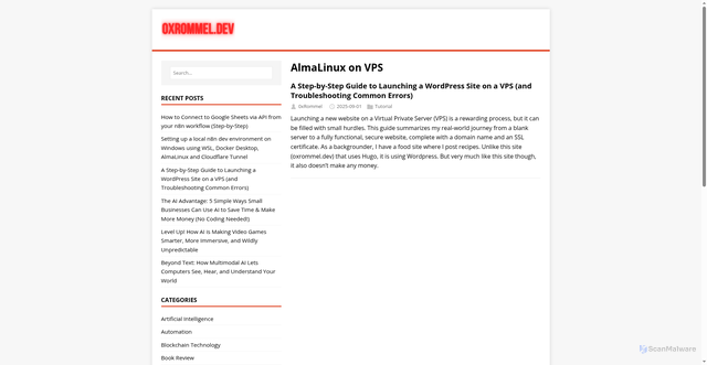 Security scan screenshot of https://0xrommel.pages.dev/tags/almalinux-on-vps/