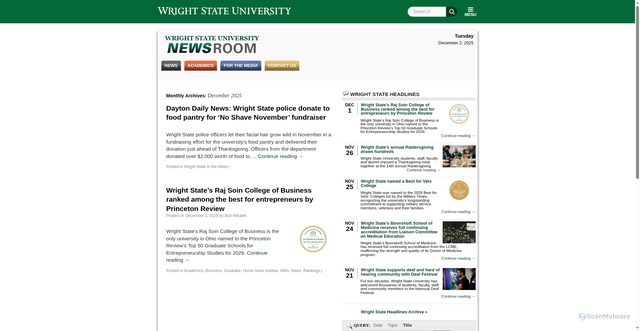 Security scan screenshot of https://webapp2.wright.edu/web1/newsroom/2025/12/
