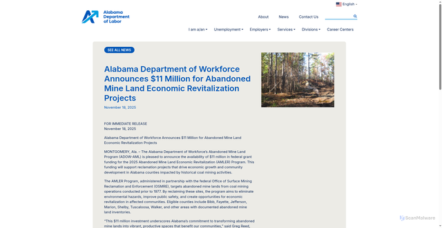 Security scan screenshot of https://adol.alabama.gov/2025/11/alabama-department-of-workforce-announces-11-million-for-abandoned-mine-land-economic-revitalization-projects/