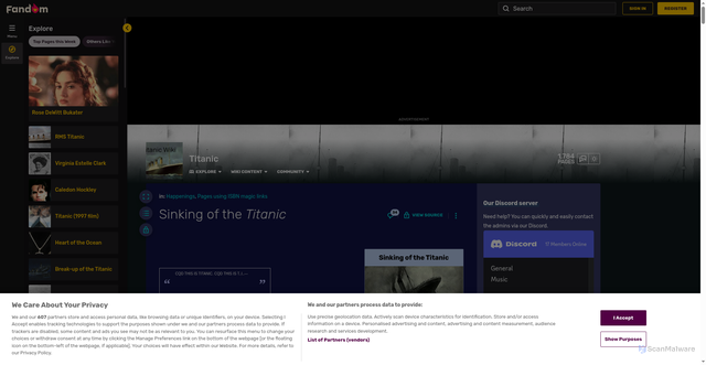 Security scan screenshot of https://titanic.fandom.com/wiki/Sinking_of_the_Titanic