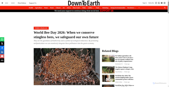 Security scan screenshot of https://www.downtoearth.org.in/wildlife-biodiversity/world-bee-day-2026-when-we-conserve-stingless-bees-we-safeguard-our-own-future