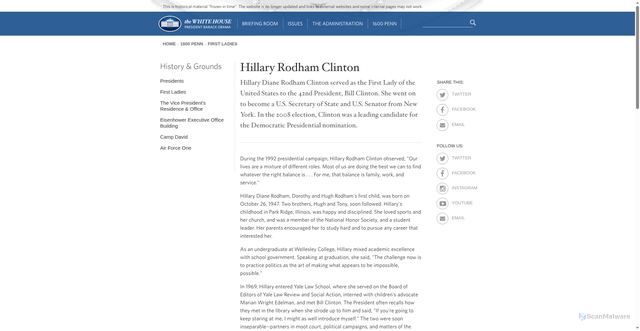 Security scan screenshot of https://obamawhitehouse.archives.gov/1600/first-ladies/hillaryclinton