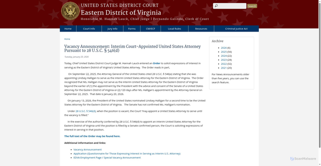 Security scan screenshot of https://www.vaed.uscourts.gov/news/vacancy-announcement-interim-court-appointed-united-states-attorney-pursuant-28-usc-%C2%A7-546d