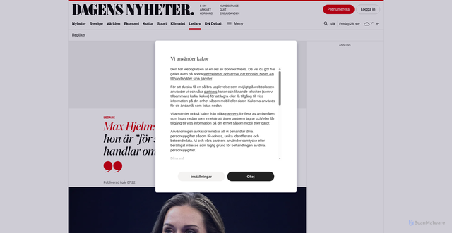 Security scan screenshot of https://www.dn.se/ledare/max-hjelm-sanna-marin-menar-att-hon-ar-for-sexig-men-kritiken-handlar-om-nagot-annat/