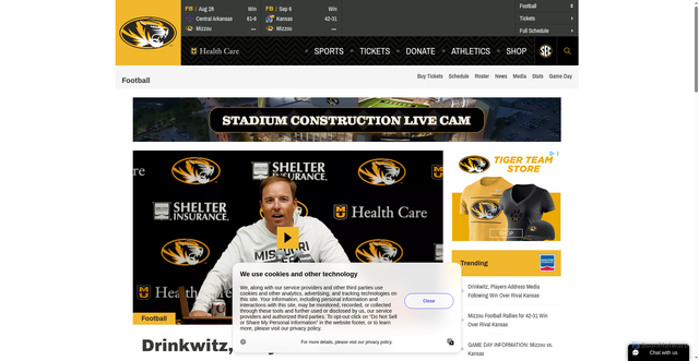 Security scan screenshot of https://mizzou.sidearmstreaming.com/sports/football