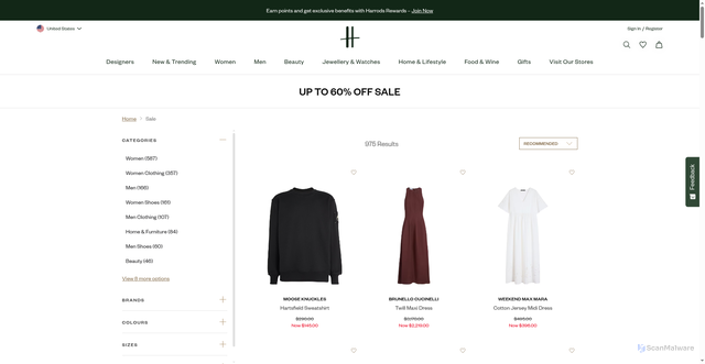 Security scan screenshot of https://www.harrods.com/en-us/sale?srsltid=AfmBOor1EsaW-vFrt4AtFYQnafVb6-47KO_hJ3QEH9zElIkipSBCm6AG