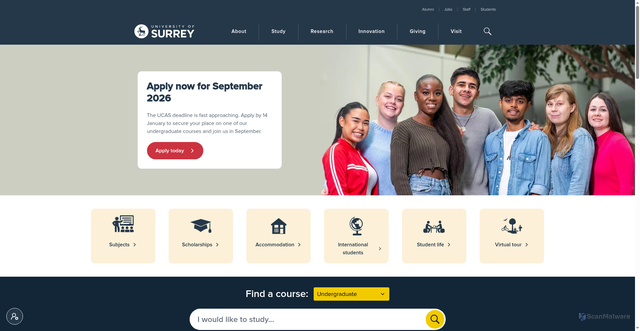 Security scan screenshot of https://www.surrey.ac.uk/