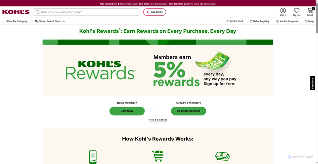 Security scan screenshot of https://www.kohlsrewards.com