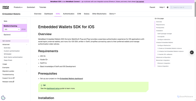 Security scan screenshot of https://metamask-docs-git-dependabot-npmandya-95394d-consensys-ddffed67.vercel.app/embedded-wallets/sdk/ios