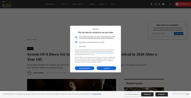 Security scan screenshot of https://wrat.com/2025/10/09/system-of-a-down-set-to-headline-sick-new-world-festival-in-2026-after-a-year-off/