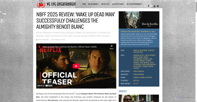 Security scan screenshot of https://weliveentertainment.com/welivefilm/nbff-2025-review-wake-dead-man-successfully-challenges-almighty-benoit-blanc/
