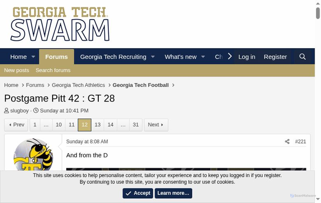 Security scan screenshot of https://gtswarm.com/threads/postgame-pitt-42-gt-28.30489/page-12