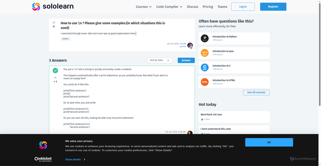 Security scan screenshot of https://www.sololearn.com/en/Discuss/1531556/how-to-use-n-please-give-some-examplesin-which-situations-this-is-used