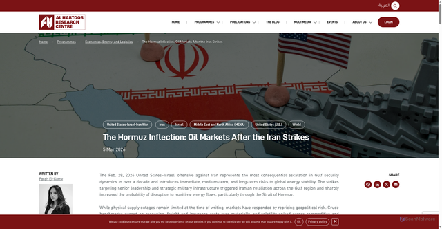 Security scan screenshot of https://www.habtoorresearch.com/programmes/hormuz-oil-iran-strikes/