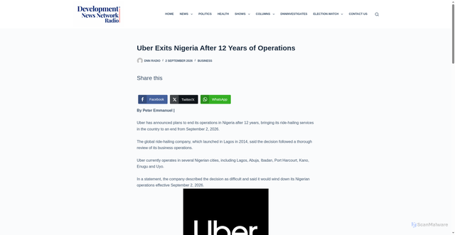 Security scan screenshot of https://dnnradio.com/uber-exits-nigeria-after-12-years-of-operations/