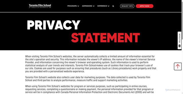 Security scan screenshot of https://online.torontofilmschool.ca/privacy-statement/