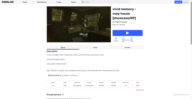 Security scan screenshot of https://roblox.com.bi/games/125479550217058/vivid-memory-cozy-house-showcaseRP?privateServerLinkCode=29345276426732758372287653021292