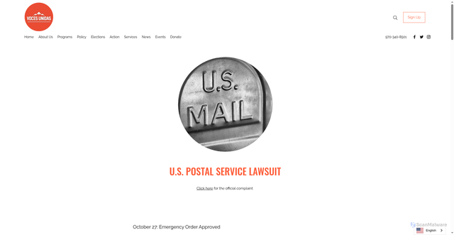 Security scan screenshot of https://www.vocesunidas.org/u-s-postal-service-lawsuit
