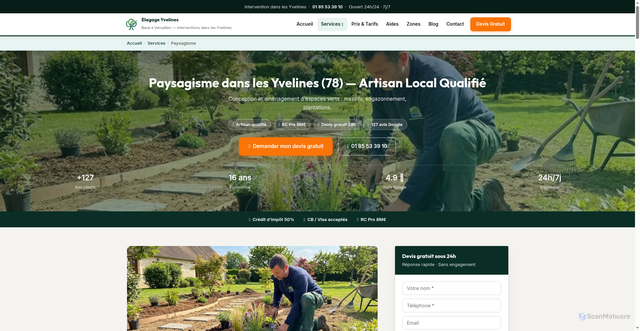 Security scan screenshot of https://elagage-abattage-yvelines.fr/paysagisme-yvelines/