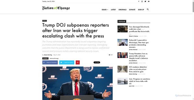 Security scan screenshot of https://www.nationofchange.org/2026/05/12/trump-doj-subpoenas-reporters-after-iran-war-leaks-trigger-escalating-clash-with-the-press/