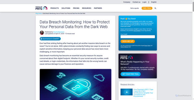 Security scan screenshot of https://blog.paessler.com/data-breach-monitoring-how-to-protect-your-personal-data-from-the-dark-web