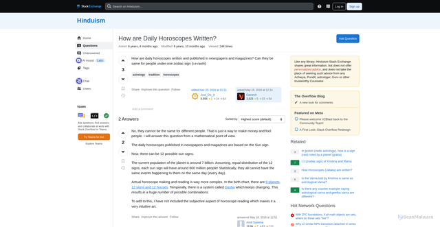 Security scan screenshot of https://hinduism.stackexchange.com/questions/12143/how-are-daily-horoscopes-written