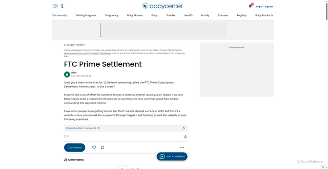 Security scan screenshot of https://community.babycenter.com/post/a78730884/ftc-prime-settlement