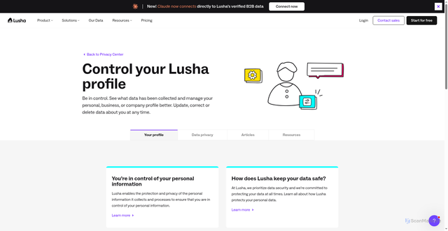 Security scan screenshot of https://www.lusha.com/privacy_topic/control-your-profile/?_gl=1*ya5h57*_ga*ODQ0MzA1OTMxLjE3NTgxMDU3NDA.*_up*MQ..*_ga_7C6N0WZ5Q3*czE3NTgxMDU3NDAkbzEkZzEkdDE3NTgxMDU3NDQkajU2JGwwJGgw