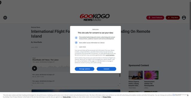 Security scan screenshot of https://kogo.iheart.com/content/2025-07-08-international-flight-forced-to-make-emergency-landing-on-remote-island/