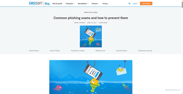 Security scan screenshot of https://www.emsisoft.com/en/blog/26866/phishing-scams/