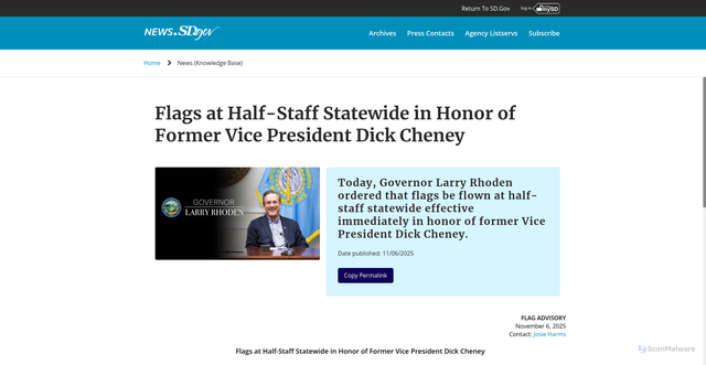 Security scan screenshot of https://news.sd.gov/news?id=news_kb_article_view&sys_id=b1cdea654709365022dc4080236d433f